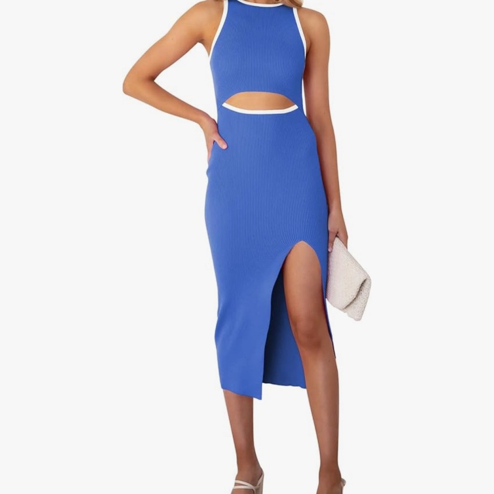 SIZE XS | Women's Cutout Tank Slit Ribbed Bodycon Midi Dress in Blue